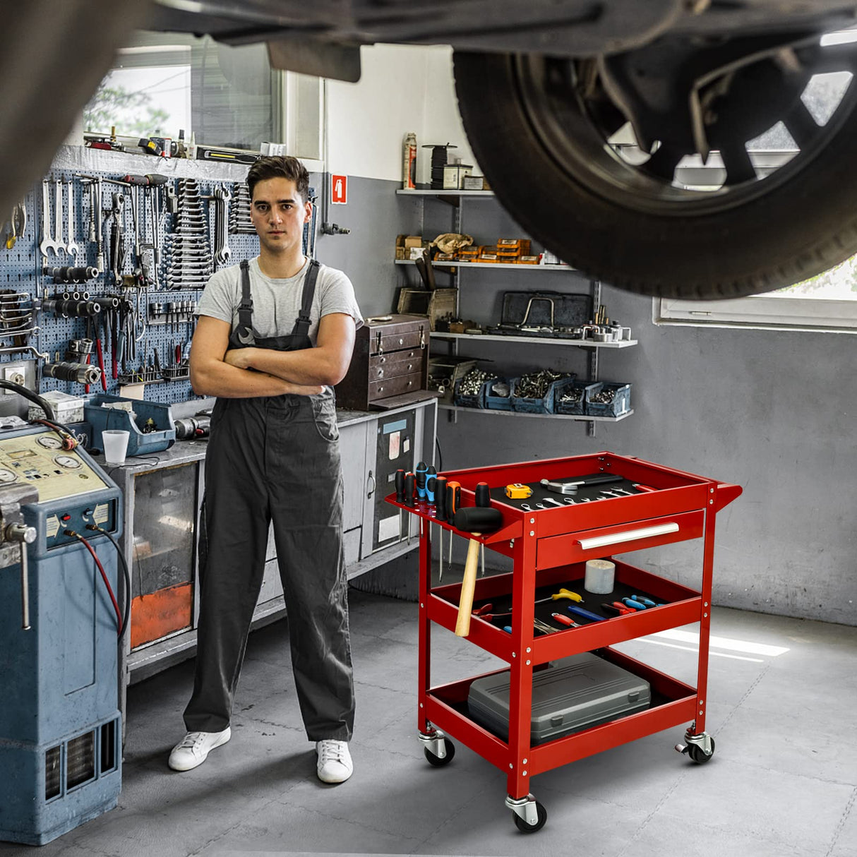 ERGOMASTER 3 Tier Rolling Tool Cart Heavy Duty Metal Frame for Garage Industrial Service Cart with Drawer & Organizer Shelf Tool Cabinet Chest ERGOMASTER