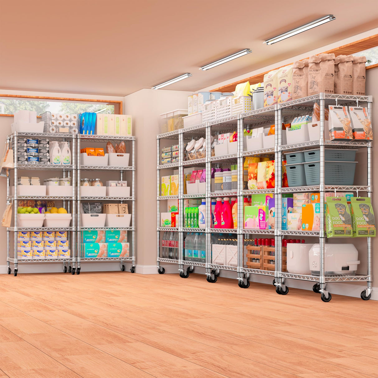 PrimeZone 75" H Wire Shelving 5 Tier Slim Steel Storage Metal Shelves with Wheels,Adjustable Kitchen Utility Shelving Unit,Pantry Rack Rolling Metal Shelf Chrome 24" Wx18 Dx75 H PrimeZone