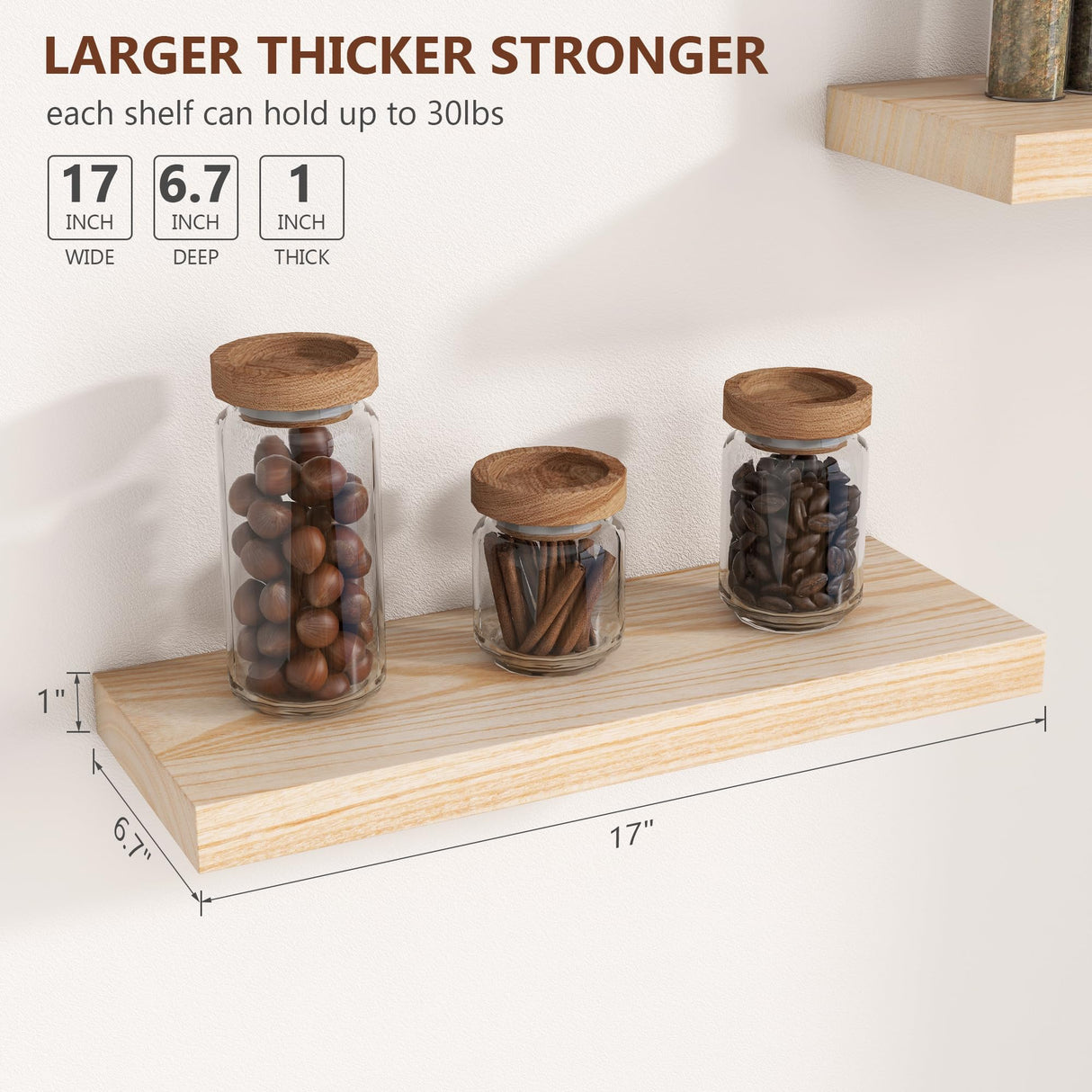 Natural Wood Floating Shelves, Wood Floating Shelves for Wall Set of 3, 17 Inch Natural Raw Wood Shelves for Living Room Bedroom Home Office - Natural fuqing