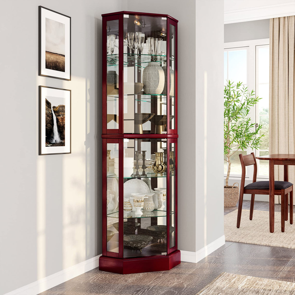 BELLEZE Lighted Corner Display Curio Cabinet Wooden Curved Shelving Unit with Tempered Glass Door, Bar and Liquor Storage Area with 6 Shelves - BELLEZE