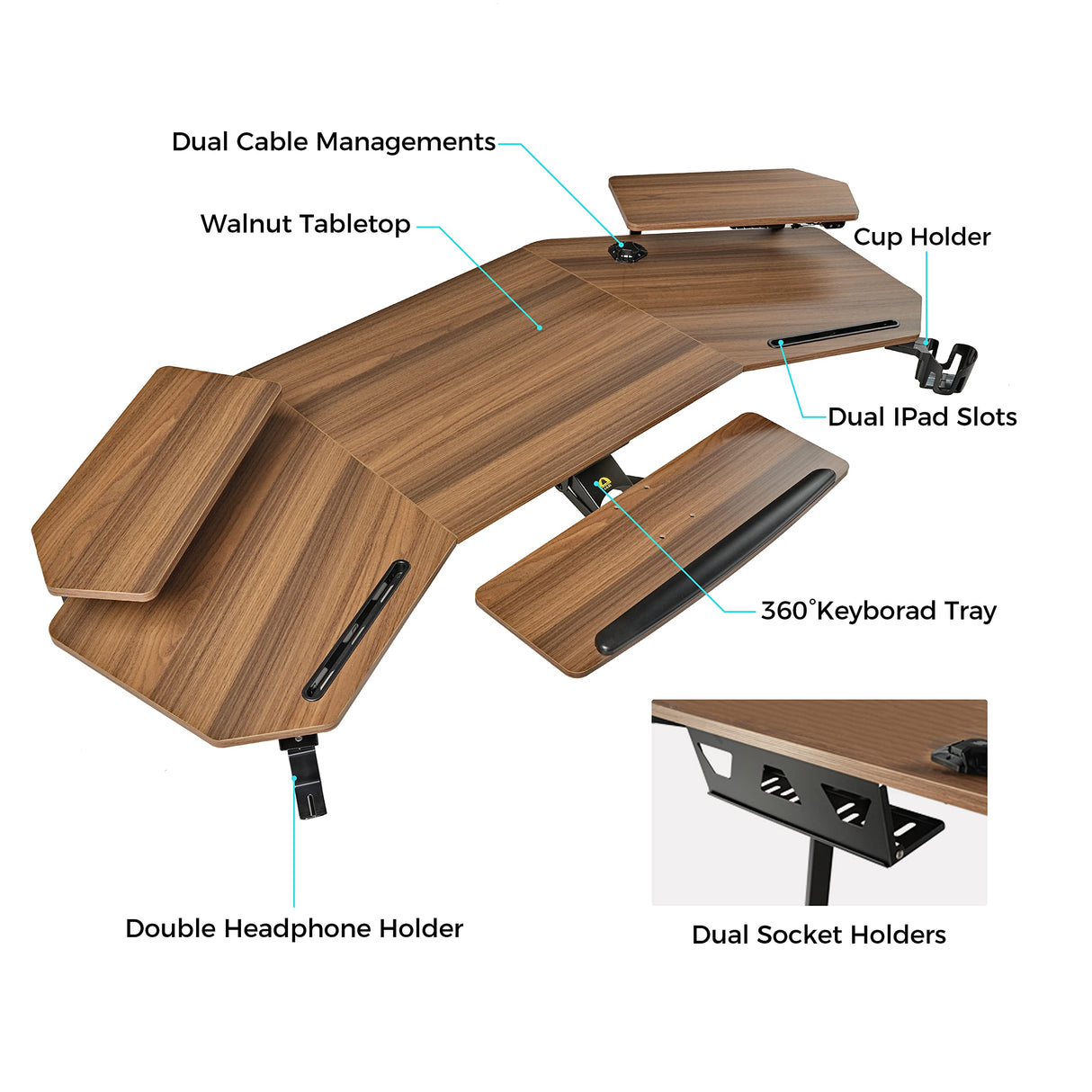 EUREKA ERGONOMIC 72" Computer Desk W Keyboard Tray, Wing-Shaped Music Studio Desk, Large Gaming Desk W LED Convertible Monitor Stand Dual Headphone Hanger for Recording Live Streamer, Walnut Wood EUREKA ERGONOMIC