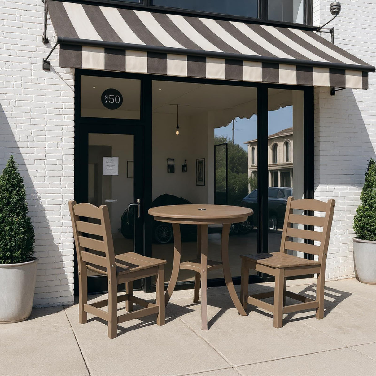 3 PCS Outdoor Patio Bistro Set, HDPE Round Dining Table with 1.77" Umbrella Hole and 2 Chairs, All-Weather Patio Coffee Table and Chairs Set for Balcony, Garden, Porch, Backyard, Commercial, Dark Oak Yatelonllvn