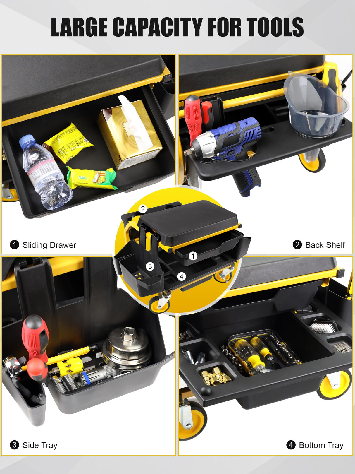 SMART JERRY - Rolling Mechanic Stool with Wheels, Garage Work Stool for Mechanics, Rolling Garage Stool on Wheels, Car Detailing Stool, Heavy Duty Mechanic Chair (330 LBS Max Load Capacity) SMART JERRY