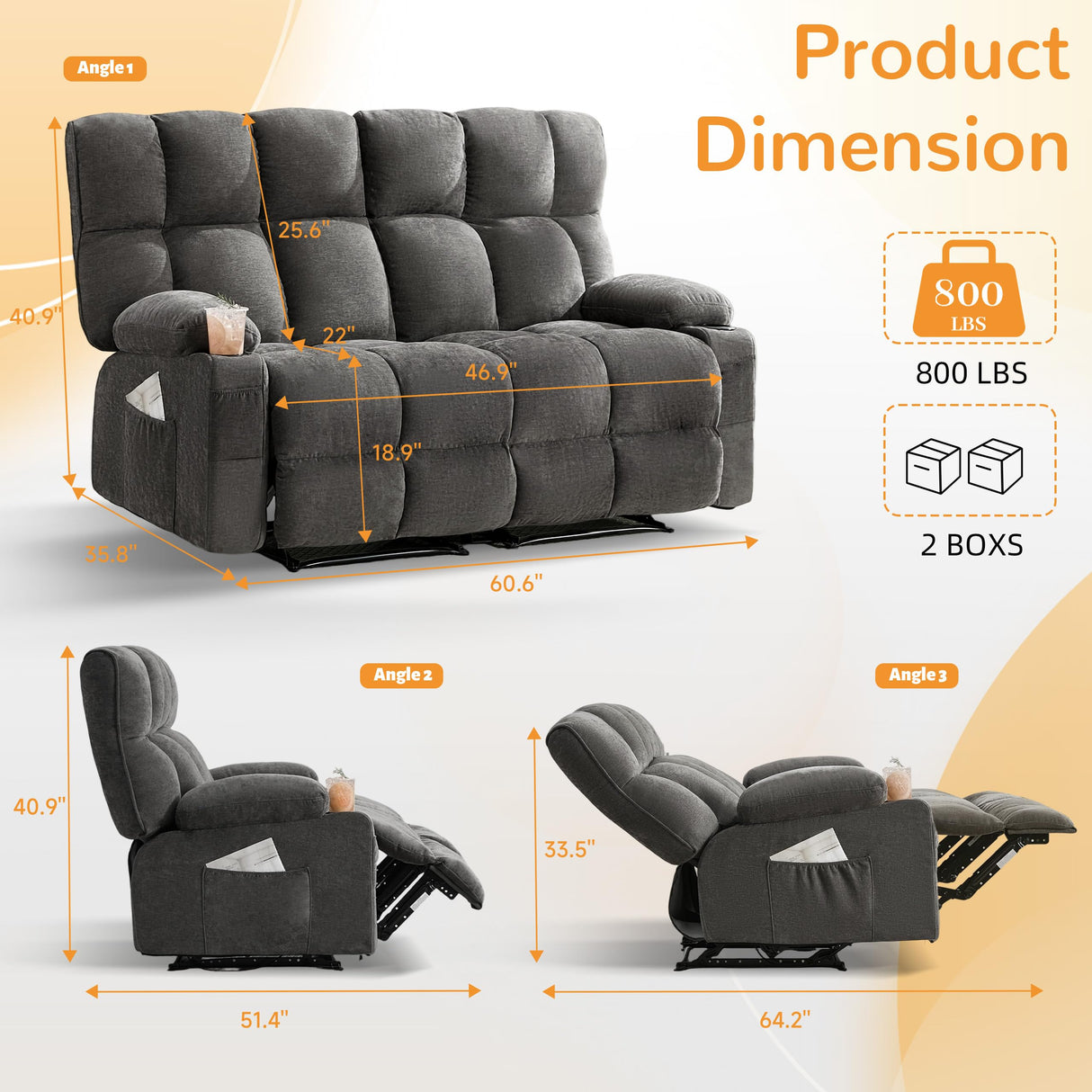 Oversized Loveseat Recliner Sofa, Big Large Reclining Sofa with Cup Holders & Side Pockets, Traditional 2-Seater Manual Recliner Couch for Living Room, RV, Home Theater (Fabric, Grey) Sofetura