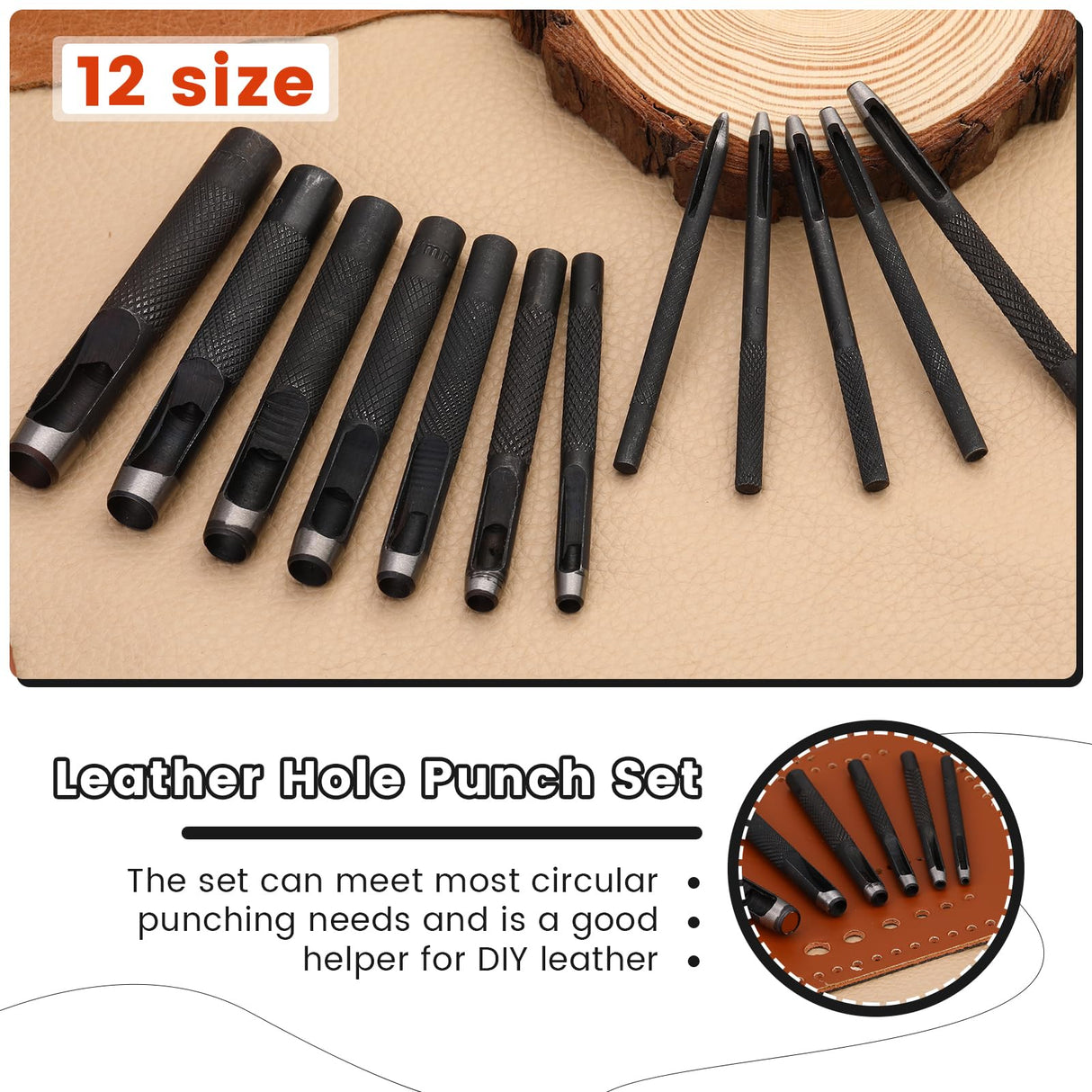 12PCS Leather Hole Punch - Round Steel Leather Craft Hollow Hole Punch, Cutter Tool for Watch Bands, Leather, Belts, Canvas, Paper, Plastics (1mm to 10mm) QMNNMA