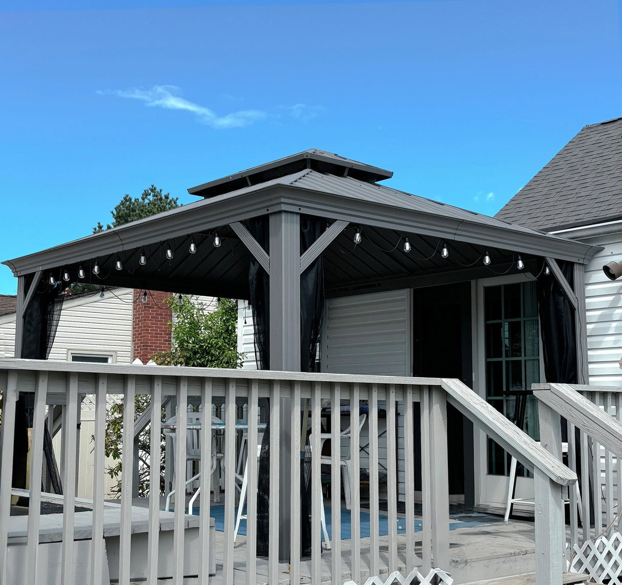 PURPLE LEAF 10' x 12' Hardtop Aluminum Gazebo with Double Metal Roof and String Lights Heavy Duty Permanent Gazebo for Patio Deck Lawn Garden All Weather Outdoor Pavilion Gazebo, Light Grey PURPLE LEAF