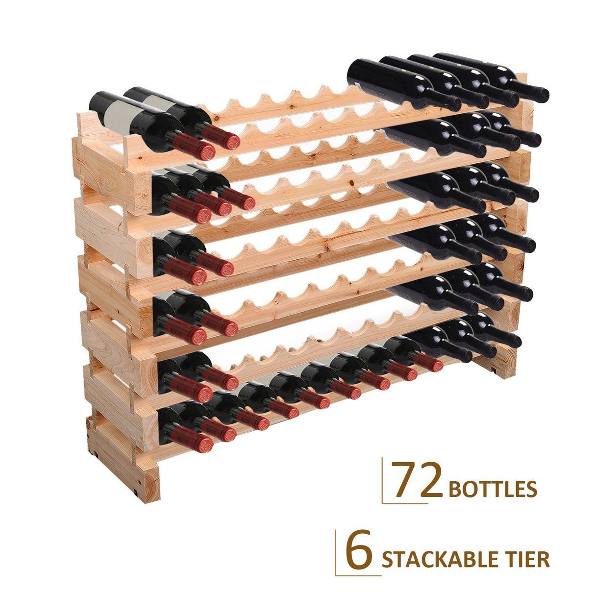 HOMCOM Stackable Wine Rack, Modular Storage Shelves, 72-Bottle Holder, Freestanding Display Rack for Kitchen, Pantry, Cellar, Natural HOMCOM