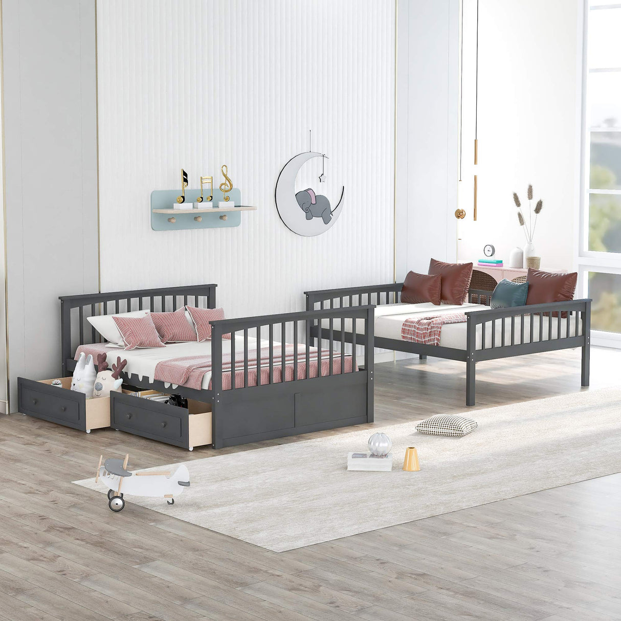 Merax Full-Over-Full Bunk Bed, Solid Wood Full Size Bunk Bed with Two Storage Drawers, Convertible Bunk Bed Can be Converted Into Two Full Size Daybeds (Grey) Merax