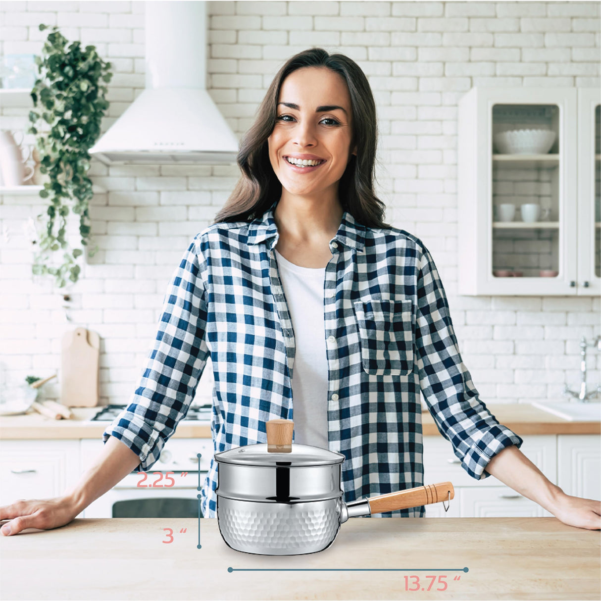 CONCORD 2 Quart Stainless Steel Yukihira Pan with Steamer. Traditional Japanese Saucepan with Wood Handle. Great for Ramen, Tempura pot, Milk, etc. Concord