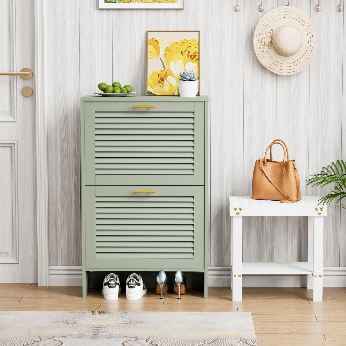 Glavbiku Shoe Storage Cabinet with 2 Flip Drawers, Louvered Shoe Cabinet for Entryway, Narrow Hidden Storage Organizer Space Saving, Shoe Rack Cabinet for Hallway Foyer, Green Glavbiku