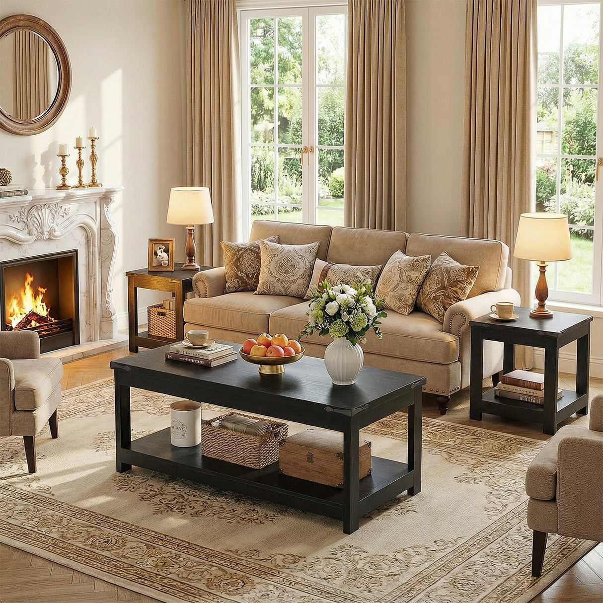 Homieasy Coffee Table with Storage Shelf, 43.3” Farmhouse Wood Coffee Tables for Living Room, Modern Center Tea Table, Black