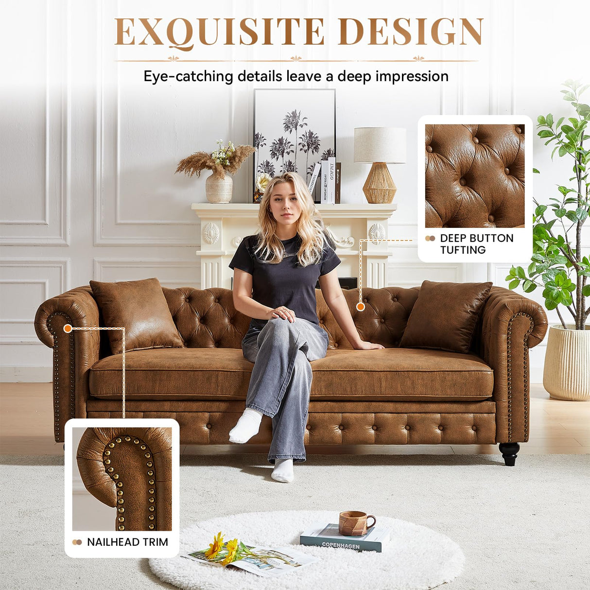 Modern Chesterfield Sofa Set for Living Room, 2 Piece Tech Fabric Furniture Sets 3 Seater Couch&Loveseat Sofa with Rolled Arms and Tufted Button, Office, Brown Antetek