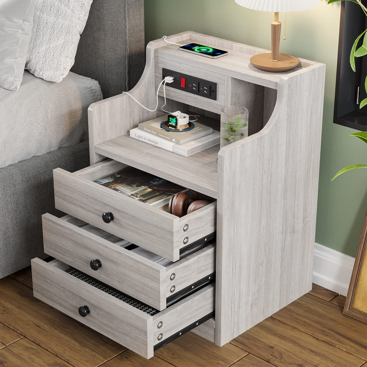 ADORNEVE Nightstand with Charging Station, Night Stand with Hutch & Storage Drawers, End Table Side Table Bedroom,Grey ADORNEVE