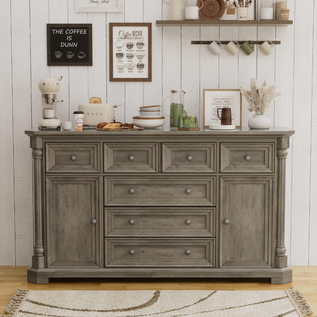 Yechen Buffet Cabinet with Drawers, 54" Large Sideboard Buffet Cabinet with 7 Drawers and 2 Doors, Farmhouse Solid Wood Sideboard for Kitchen, Living Room, Grey Yechen