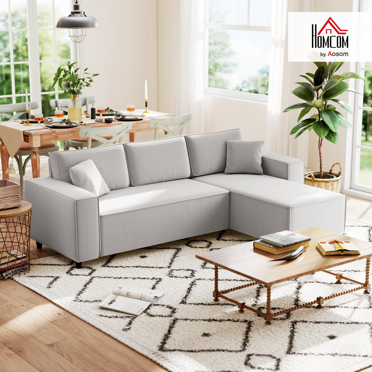HOMCOM 95" Sectional Sofa with Reversible Chaise Lounge, L-Shaped Corner Sofa with Corduroy Fabric, Pocket Spring, 2 Pillows, Wide Arm, Thick Padded, 3 Seat Couch for Living Room, Light Gray HOMCOM