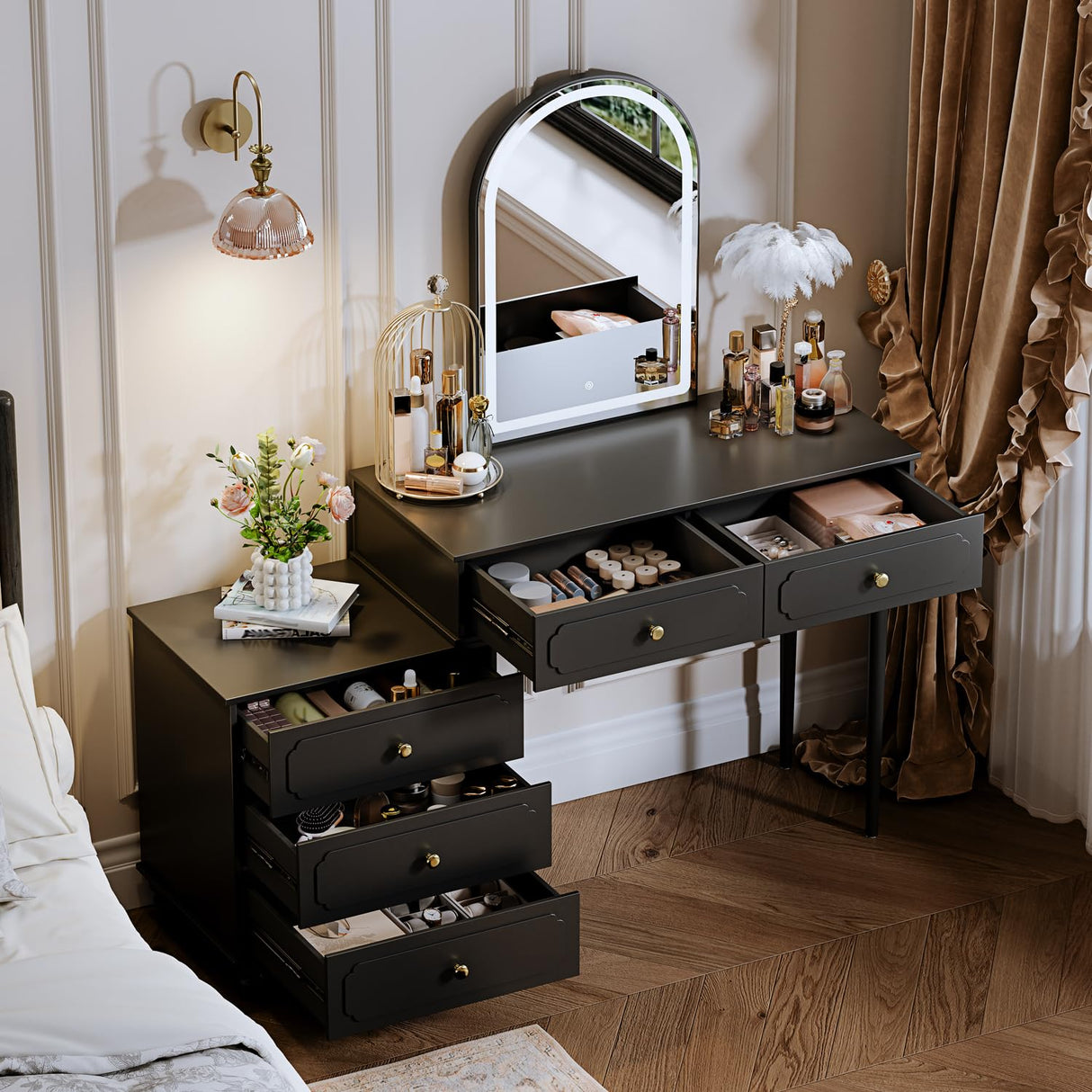 YYJ Vanity Desk with Mirror and Lights,Makeup Vanity with Power Outlet and Adjustable Cabinet,Modern Makeup Table with 3 Drawers for Bedroom Makeup Room,Writing Desk Black YYJ