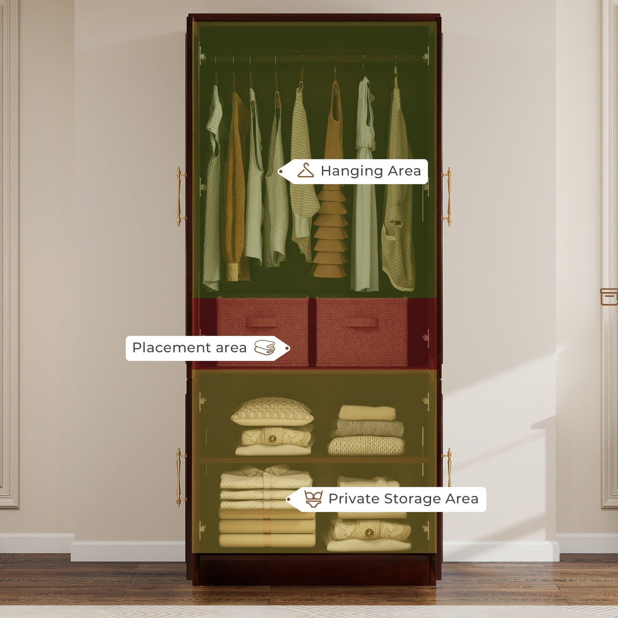 Tafeumob Solid Wood Armoire Wardrobe: Small Classic 2 Doors Solid Wood Bedroom Armoires with Hangingrod Clothes Cabinet Storage Cherry Red Finish 31.26" L x 19.69" W x 70.87" H Tafeumob