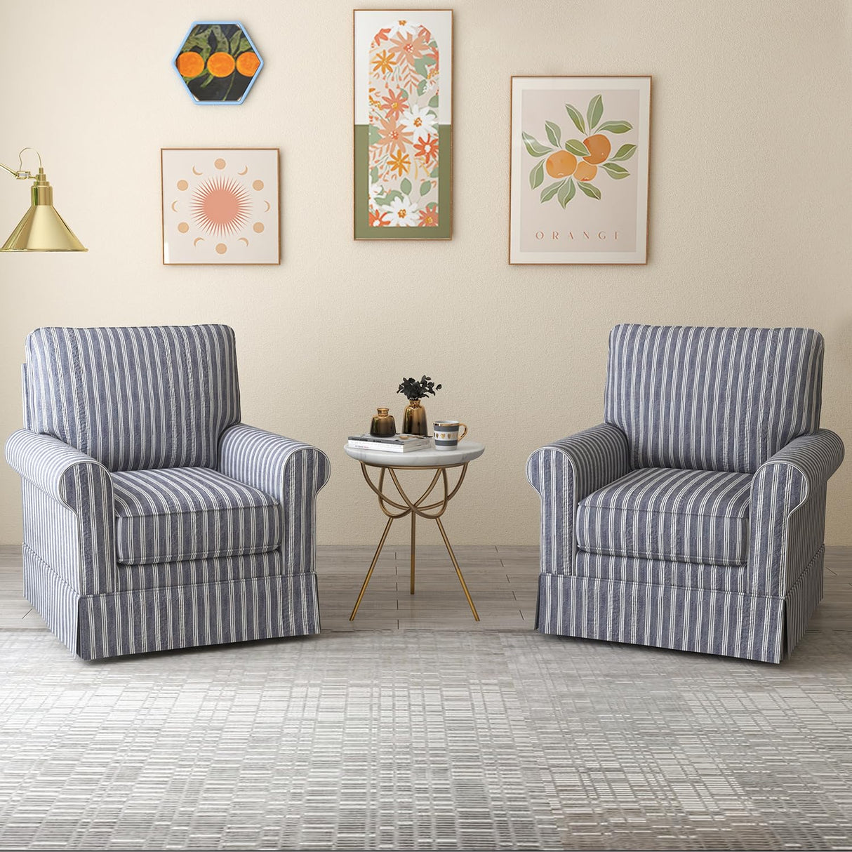 INZOY Swivel Accent Chair Set of 2, Mid Century Modern Reading Chair, Upholstered Swivel Square Chair for Living Room Bedroom Small Spaces, Fully Assembled, Blue Stripe INZOY