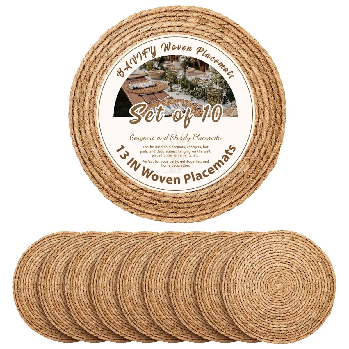 13 in Round Woven Placemats Plate Chargers Set of 10, Boho Farmhouse Rustic Woven Place Mats for Dining Table Decor, Rattan Wicker Table Mats Jute Braided Chargers for Dinner Plates BAVIFY