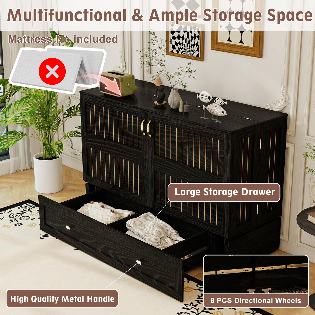 GraceGrove Queen Size Murphy Bed:Wood Queen Murphy Bed Cabinet with Large Storage Drawer,Optimize Sleeping Space(Mattress Not Included) Black-11 GraceGrove