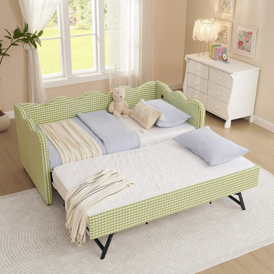 Twin to King Daybed with Trundle, USB Ports Soft Upholstered Daybed with Pop Up Trundle Bed Twin, Modern Extendable Day Bed Frame for Girls Bedroom Living Room Guest Room Small Places Sage Green