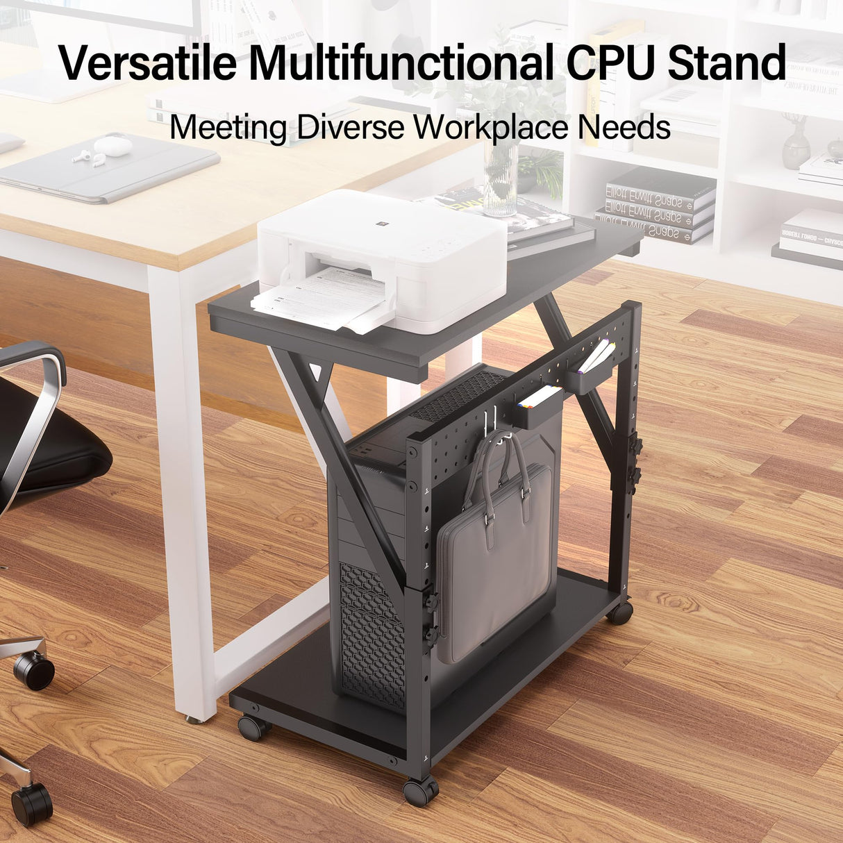 Faesun Computer Tower Cart - Height Adjustable PC Stand, 2-Tier ATX-Case CPU Holder Home Office Gaming Desk Accessories with Rolling Lockable Wheels, Laptop Table Standing Computer Desk, Rustic Black Faesun