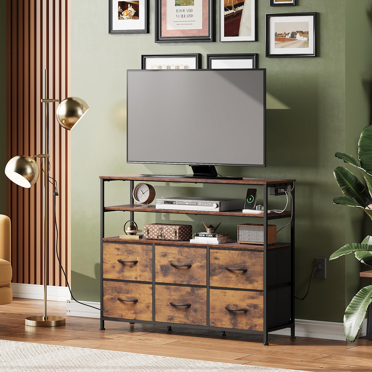 WLIVE Led Dresser for Bedroom, Dresser TV Stand for Bedroom with LED Lights and Power Outlet, Wide Chest of Drawers with Open Shelves for Entryway, 6 Fabric Drawers for Living Room, Rustic Brown WLIVE