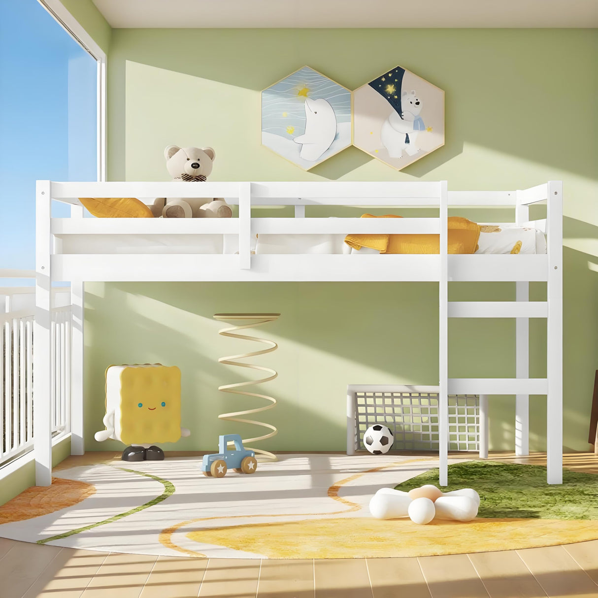 LINKHOO Twin Size Wooden Low Loft Bed with Guardrail and Ladder for Kids, Boys and Girls, No Box Spring Needed, White LINKHOO