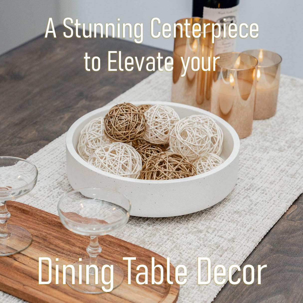 VELOVA Large White Concrete Decorative Bowl with 24 Decorative Balls, Fruit Key Holder Bowls Boho Modern Home Decor Accent for Dining Room Centerpiece Living Room Coffee Table Shelf Entryway Rattan VELOVA