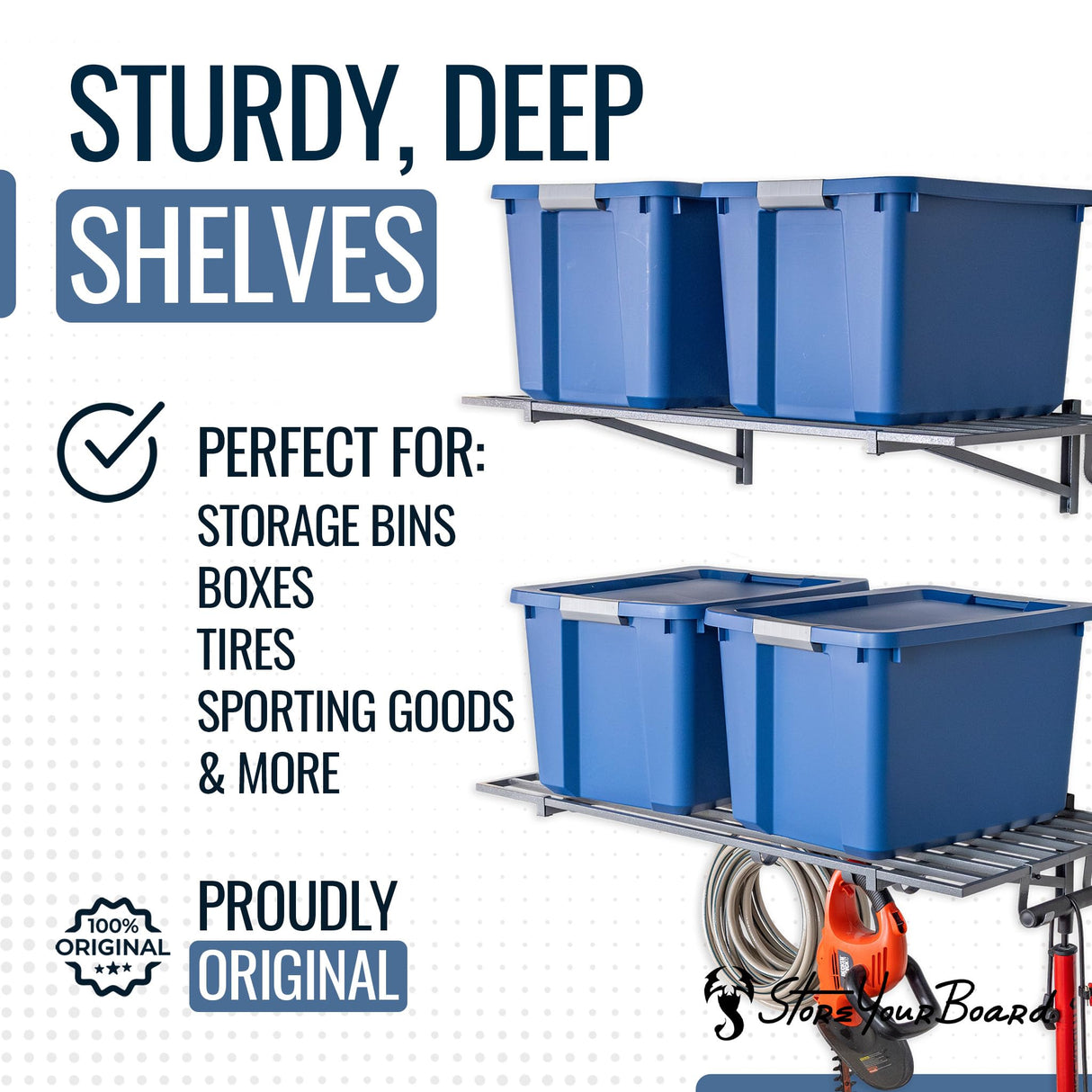 StoreYourBoard 2 Pack Heavy Duty Garage Wall Shelves, 2' x 4' Wall Mount Storage Shelf with Hooks, Hammered Gray Finish, Holds 200 lbs Each StoreYourBoard