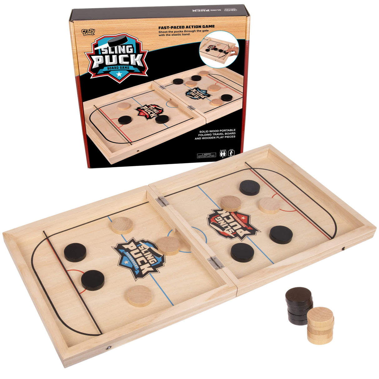 Crazy Games Fast Sling Puck Board Game I 24" Small Wooden Family Games, Table Top Hockey Game for Adults & Kids, Competitive game ideal for parties Crazy Games