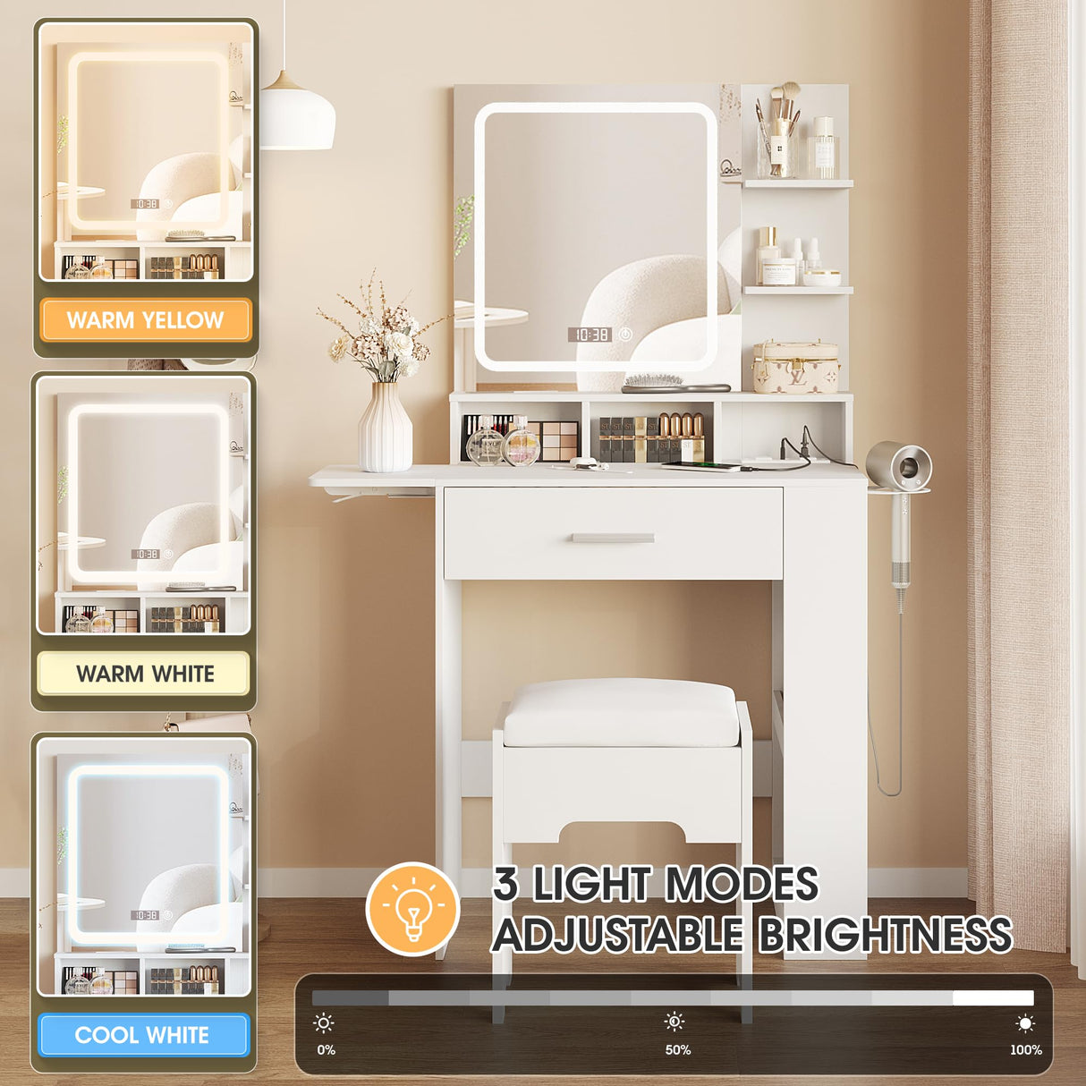 Vabches Makeup Vanity with Mirror and Lights, Small Vanity Desk with with Drawer Lots Storage, Vanity Set with Storage Drawer, Chair and Three Shelves, White Vabches