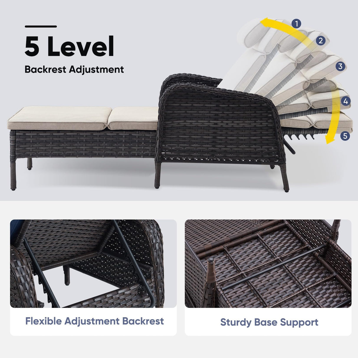 Belord Outdoor Chaise Lounge Patio Recliner - 75 Inch Adjustable Wicker Chaise Lounge with Soft Pillow Removable Cushions, All Weather Rattan Pool Lounge Chair for Poolside Deck Brown/Beige Belord