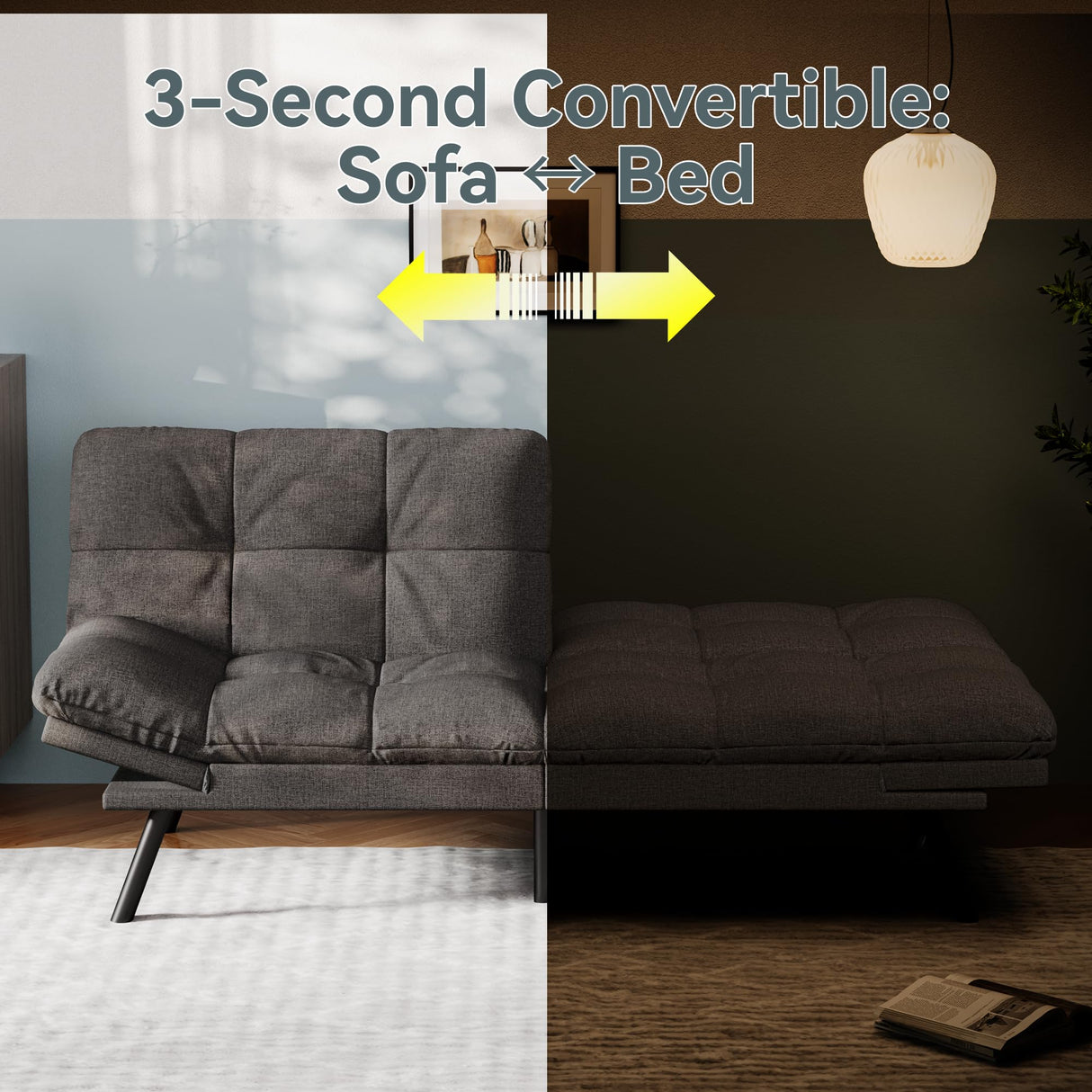 Vyfipt Convertible Futon Sofa Bed, Grey Linen Futon Couch with Adjustable Backrest & Armrests, Folding Small Recliner Sleeper Sofa Bed for Living Room, Apartment, Office Vyfipt