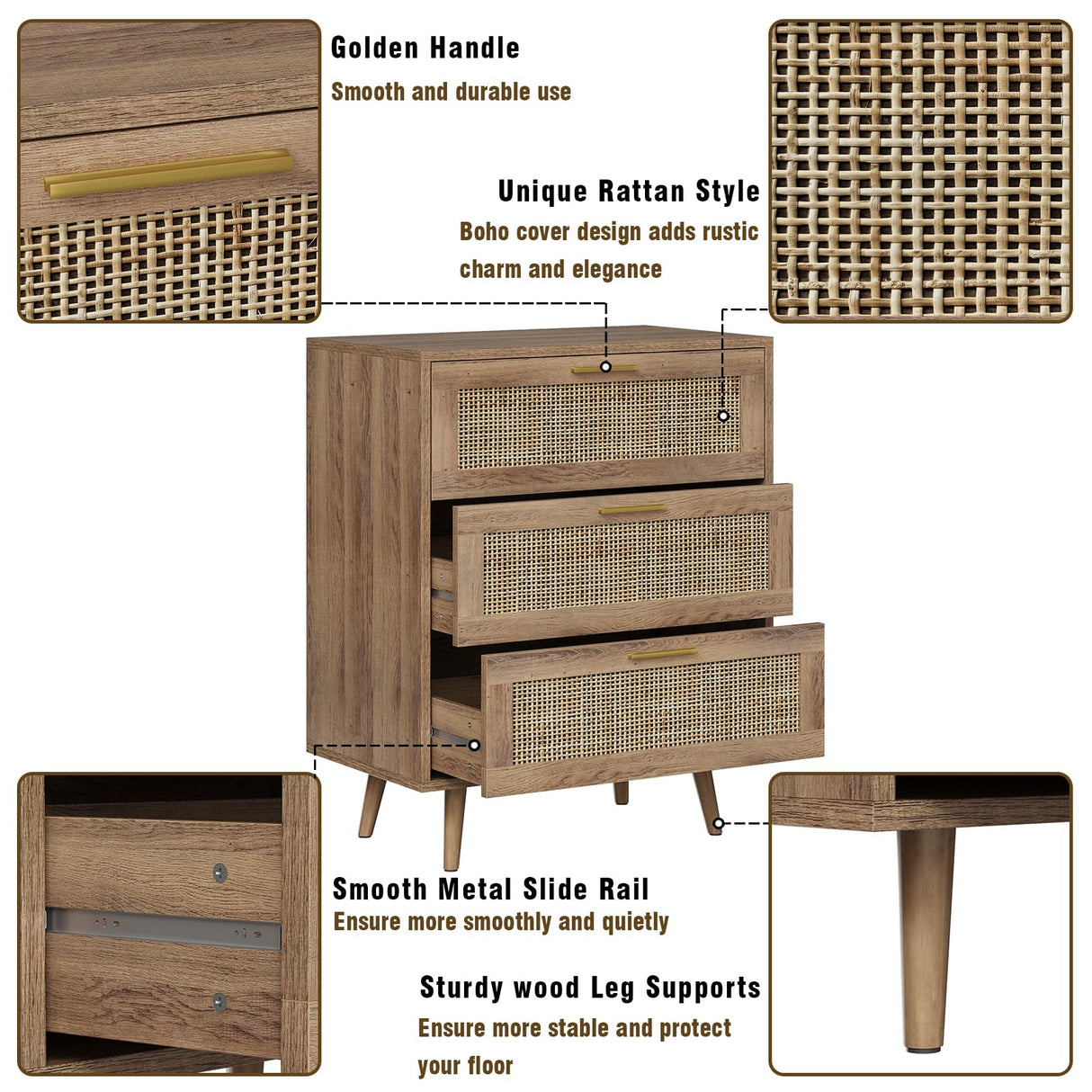 Trironsun 3 Drawer Dresser for Bedroom Rattan Dresser Chest of Drawers with Spacious Storage Boho Clothes Storage Nightstand for Living Room Trironsun