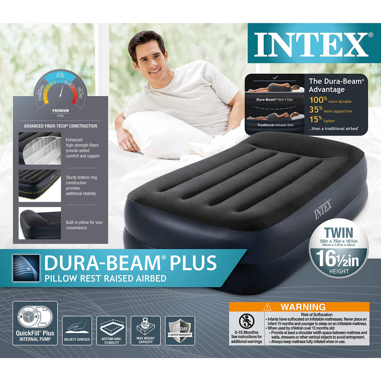 INTEX Raised Airbed Mattress with Built-in Pump, Dura-Beam Plus Pillow, Twin - Portable Inflatable Luxury Blow-Up Bed for Adults, Camping, Guests INTEX