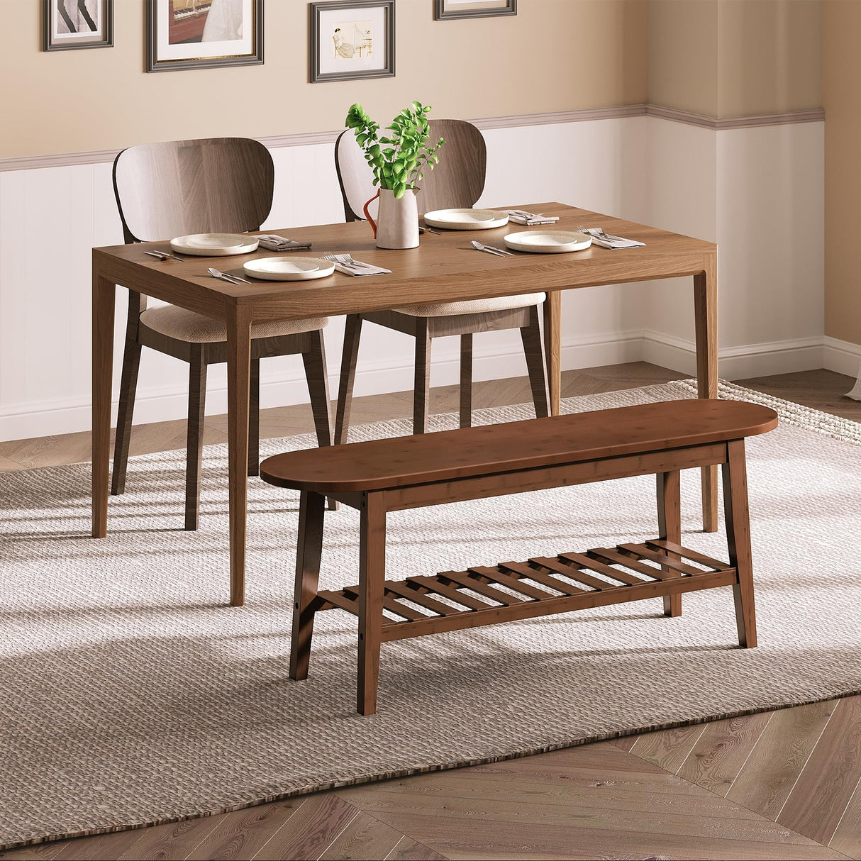 HOOBRO Dining Bench, 2-Tier Bamboo Farmhouse Entryway Bench, Indoor Storage Wooden Bench for Living Room, Dining Room, Hallway, Bedroom, Entryway, Bathroom, Brown BR06CD01 HOOBRO