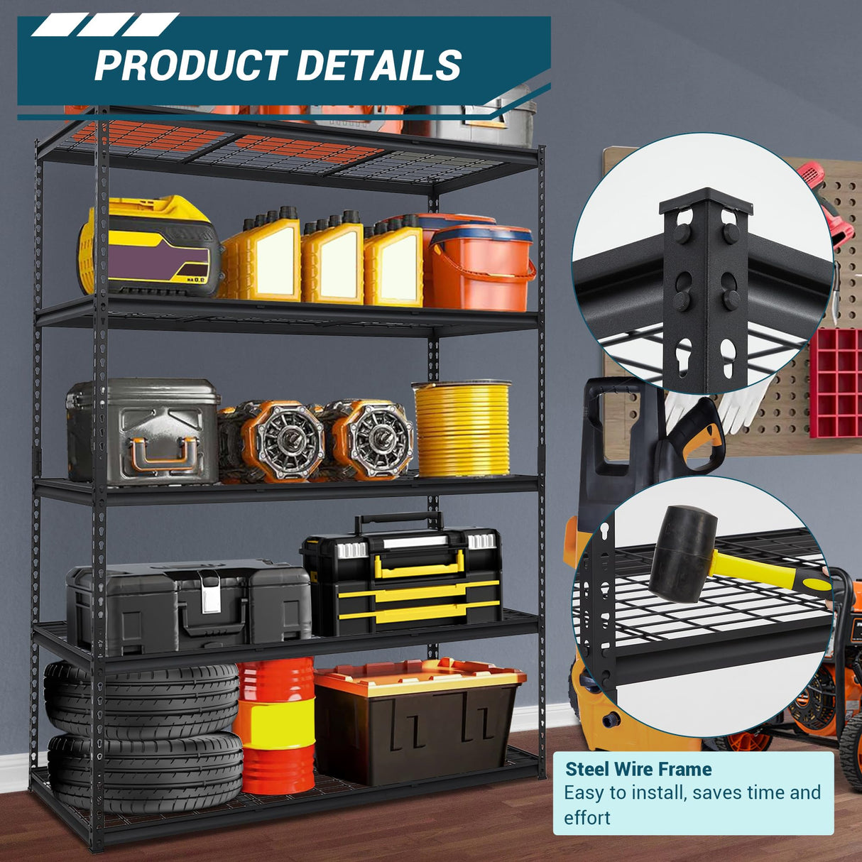 PeacefulHues 48x24x72 Inch Garage Shelving Heavy Duty, Storage Shelves 2500Lbs Capacity, Adjustable Metal Shelving Unit, 5 Tier Industrial Shelves for Basement Workshop PeacefulHues