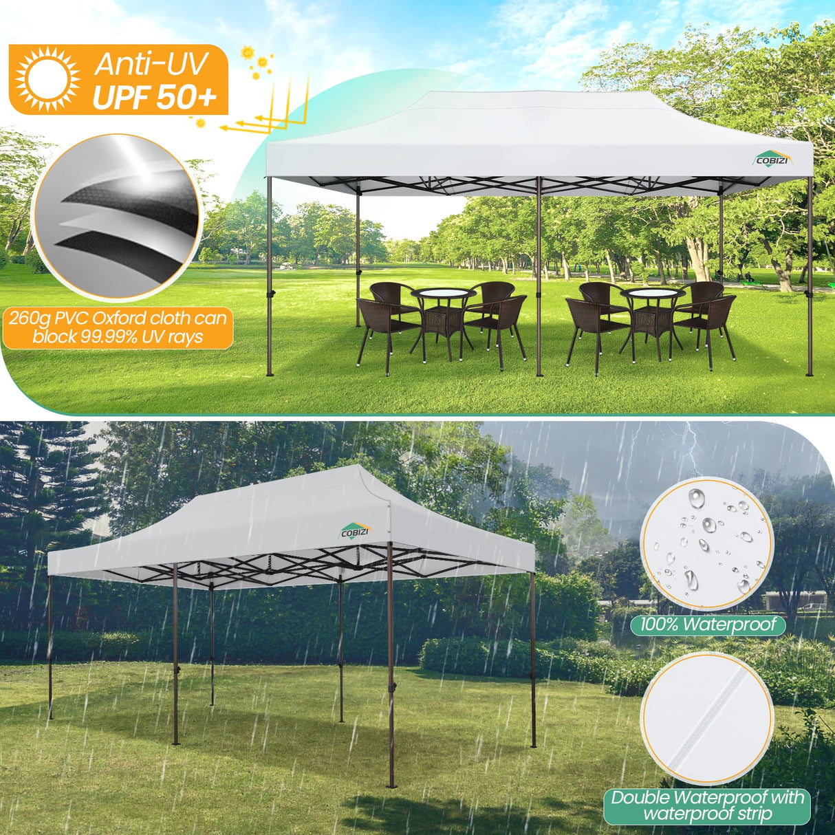 COBIZI 10x20 Pop up Canopy Without Sidewall Heavy Duty Commercial Outdoor Gazebo Easy Up Wedding Party Tents for Parties with Roller Bag, All Season Wind & Waterproof UPF50+(Upgrade Hexagonal Tube) COBIZI