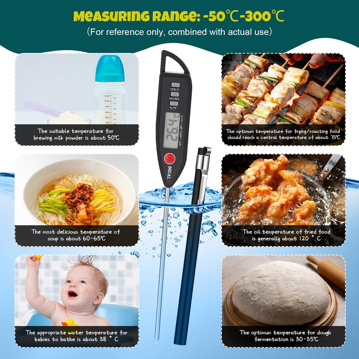 Copkim 6 Set Waterproof Food Thermometer for Water, Liquid, Candle and Cooking Digital Meat Thermometer with Long Probe Instant Read for Kitchen BBQ Grill Candy (Black) Copkim