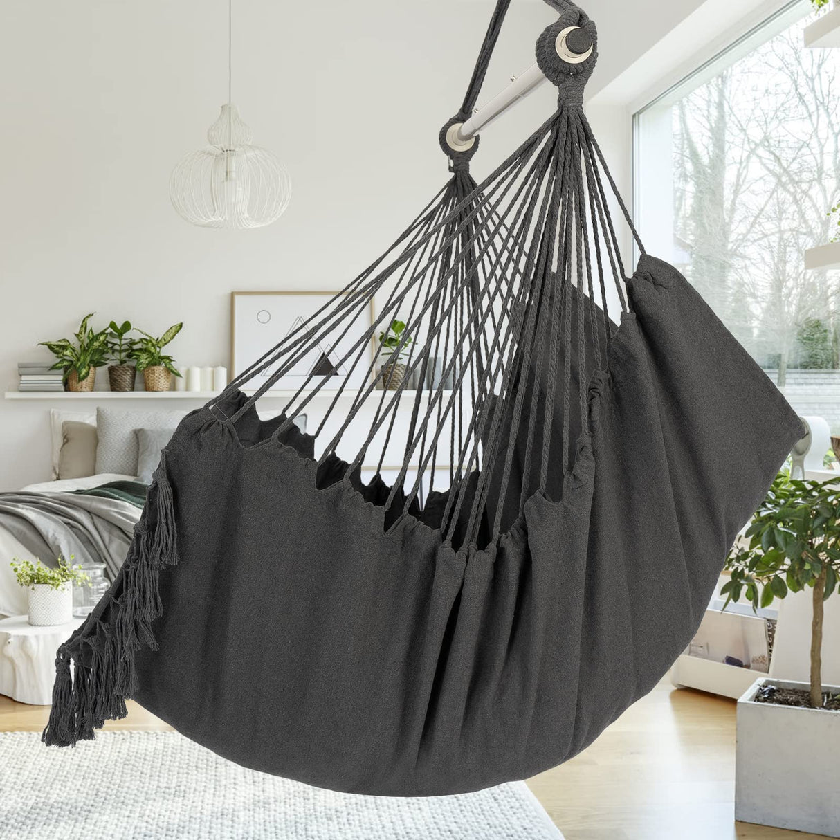 Y- STOP Hammock Chair Hanging Rope Swing, Max 500 Lbs, 2 Cushions Included, Large Macrame Hanging Chair with Pocket, Cotton Weave for Superior Comfort, Durability (Dark Grey) Y- STOP