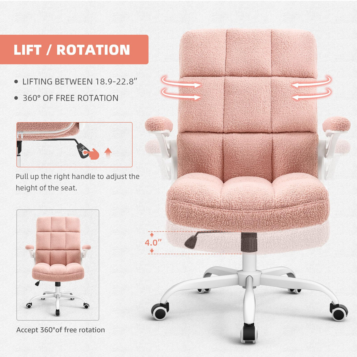 SEATZONE Home Office Chair Ergonomic Executive Desk Chair Comfortable Computer Chair with Flip-up Arms,Faux Fur Chair with Lumbar Support,Pink SEATZONE