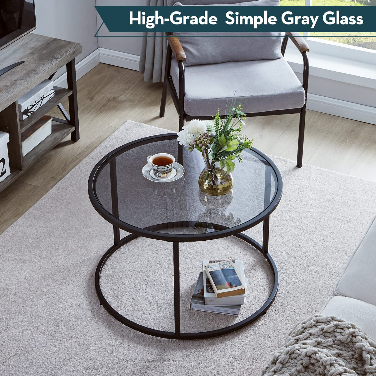 SAYGOER Round Coffee Table Glass Coffee Tables for Small Space Simple Modern Center Table for Living Room Home Office, Sofa Side Table with Metal Steel Frame, Easy Assembly, Gray Black SAYGOER