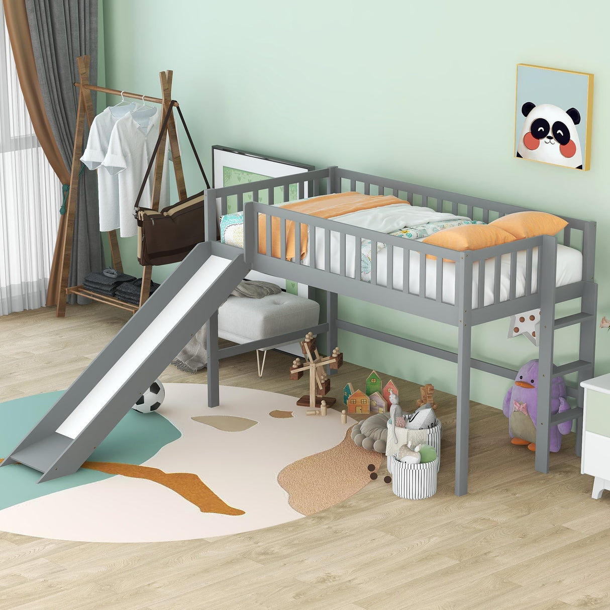 Bellemave Twin Size Loft Bed for Kids,Low Loft Bed with Slide and Ladder,Wood Loft Bed Twin for Girls Boys,Grey Bellemave