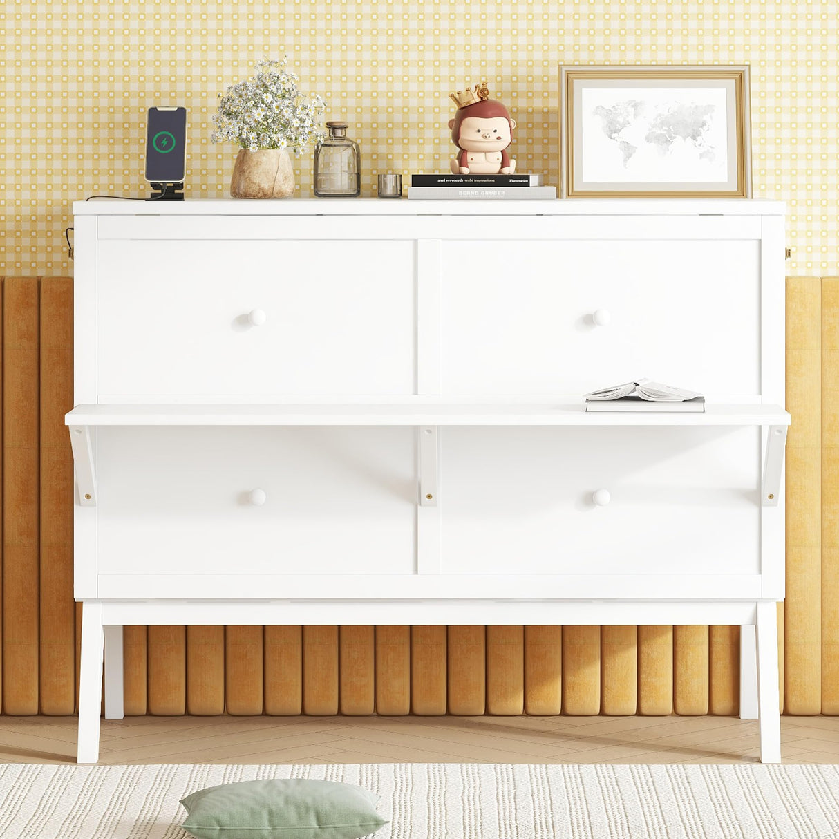 KEIKI Full Size Cabinet Murphy Bed with Charging Station, Drawers, Removable Shelves, Multiple Storage Foldable Hideaway Wall Murphy Bed Frame, No Box Spring Needed, Easy Assembly, for Bedroom, White KEIKI