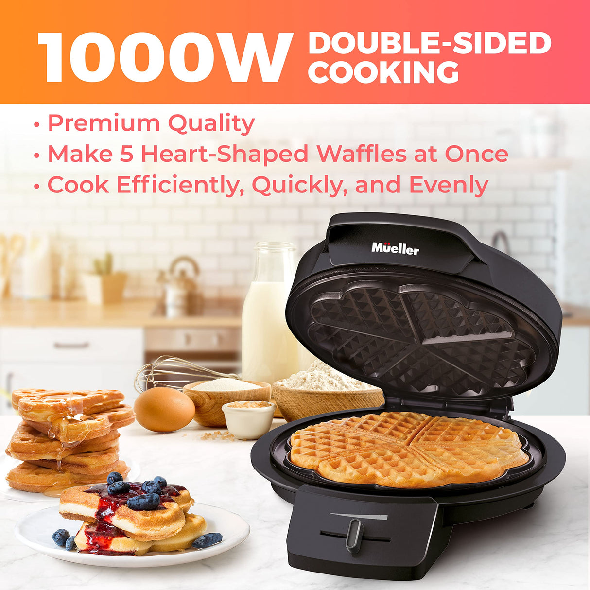 Mueller Heart Waffle Maker, 5 Waffle Iron, Adjustable Browning Control & Nonstick, Cool Touch Handle, Easy to Clean, Small Kitchen Appliances MÜELLERHOME