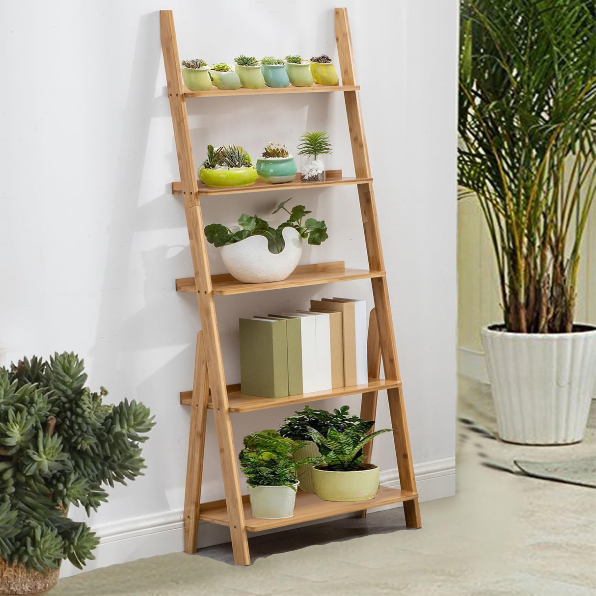 Maydear Bamboo Ladder Shelf Bookcase, 5-Tier Leaning Bookshelf Free Standing Organizer Storage Shelves for Living Room, Bedroom, Kitchen, Home Office, Balcony, Natural Wood Maydear
