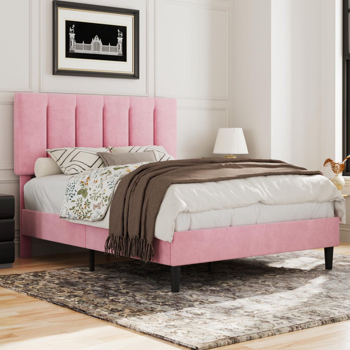 VECELO Full Bed Frame with Upholstered Headboard, Heavy-Duty Platform Bedframe with Strong Wooden Slats Support, No Boxing Spring Needed, Pink VECELO