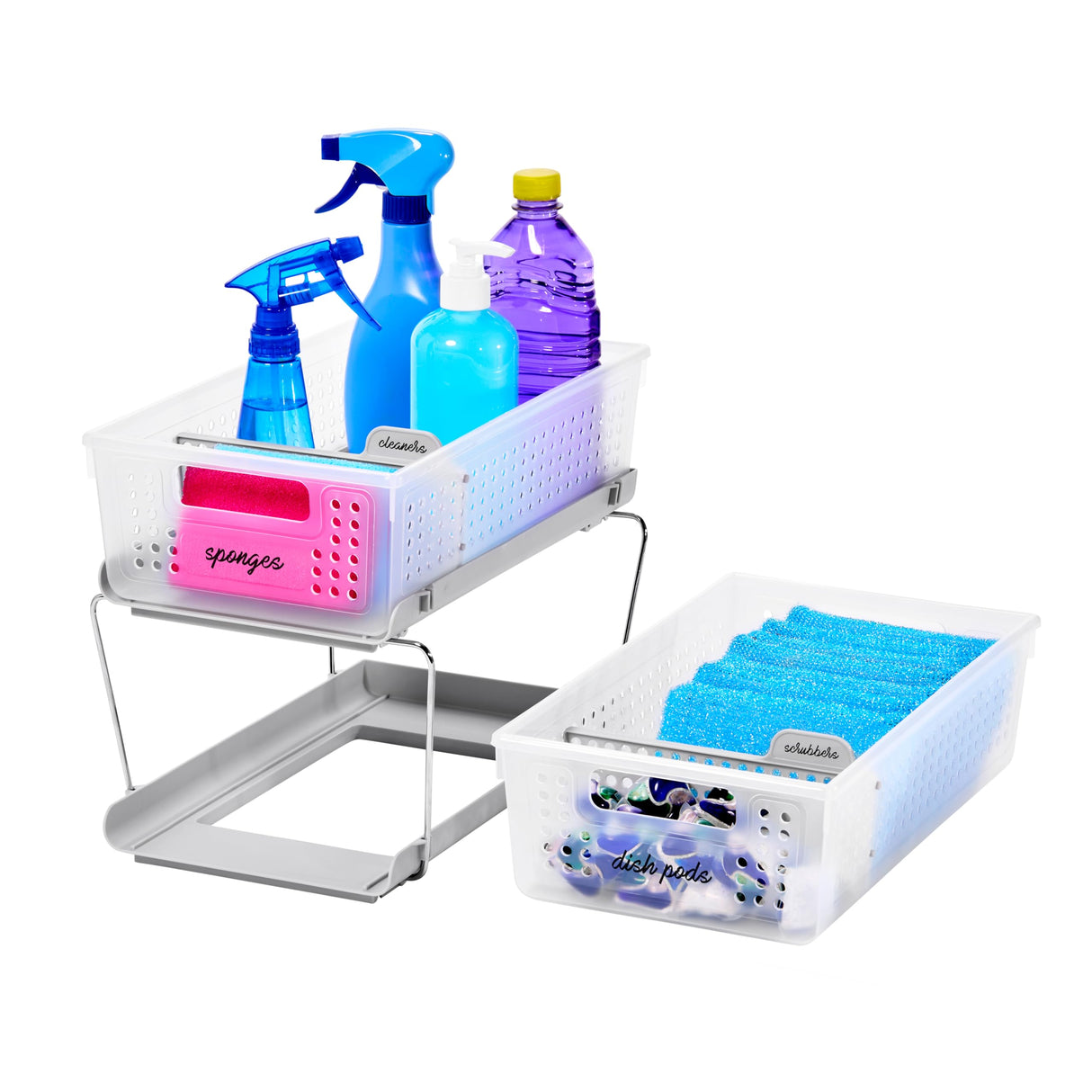 madesmart 2-Tier Organizer, Multi-Purpose Slide-Out Storage Baskets with Handles and Dividers, Frost madesmart