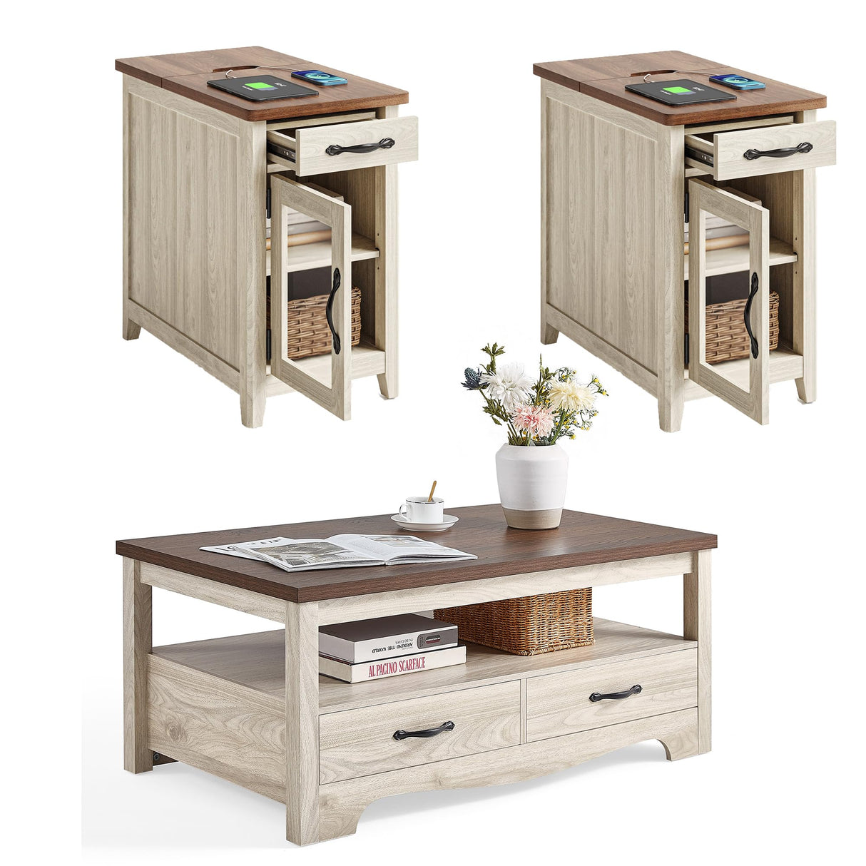 LINSY HOME Farmhouse Coffee Table Sets 3 Pieces, Wood Living Room Table Set Include 41" Coffee Table, End Table Set of 2, Washed White LINSY HOME